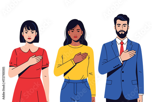 Illustration of diverse people pledging allegiance, isolated on white background, symbolizing patriotism, unity, and national pride in a multicultural society vector