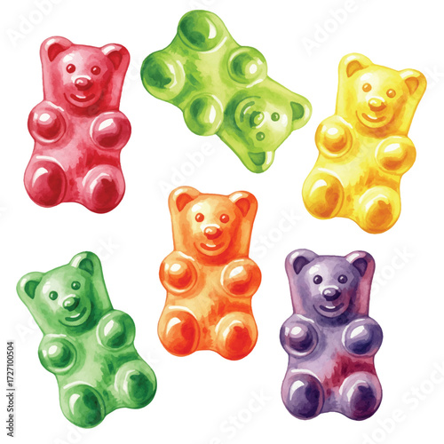 Watercolor Vector Gummy Bears Candy Illustration on White Background