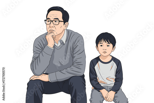 A pensive grandfather with glasses and a concerned grandson sitting side by side isolated on white background, a touching depiction of family dynamics vector