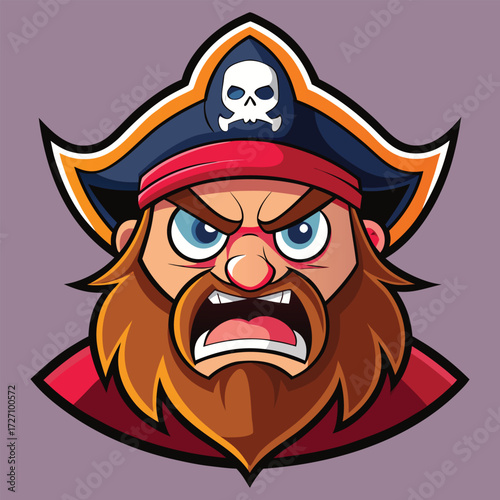 An enraged pirate captain with a weathered beard and a classic pirate hat adorned with a skull and crossbones emblem. Perfect for gaming or maritime themes.