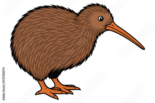 A charming kiwi bird with brown feathers and a long beak isolated on white background, standing gracefully on its orange feet, a delightful illustration vector