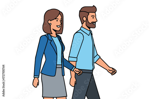 A stylish couple walking together, the woman in a blue blazer and the man in a light blue shirt isolated on white background, a modern illustration vector