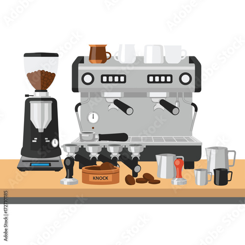 Professional Espresso Machine with Coffee Accessories on a Wooden Counter