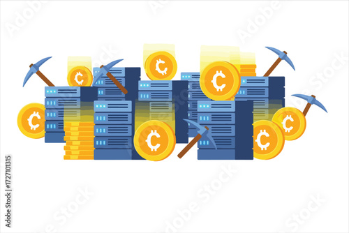 Cryptocurrency mining servers with digital coins and pickaxes.