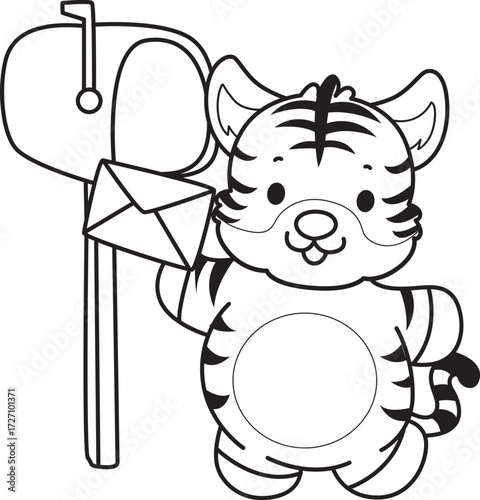 Coloring book of cute tiger character vector clip art for children.  