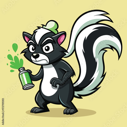 A cartoon skunk with an angry expression is holding a green spray paint can, with green mist spraying from it. The skunk wears a green hat. Fun cartoon art for general use.