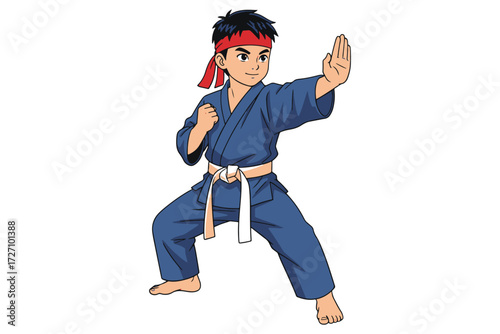 A young karate practitioner in a blue gi demonstrating a defensive stance, isolated on white background ready for action and selfdefense training vector
