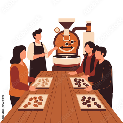 Coffee roasting process and tasting A group of people learning about coffee