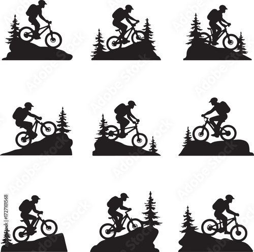Mountain biker silhouettes on rocky terrain with pine trees