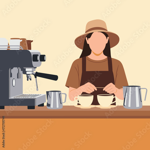 The art of coffee making depicted in a flat vector illustration of a female barista preparing two cups of fresh espresso in a modern coffee shop