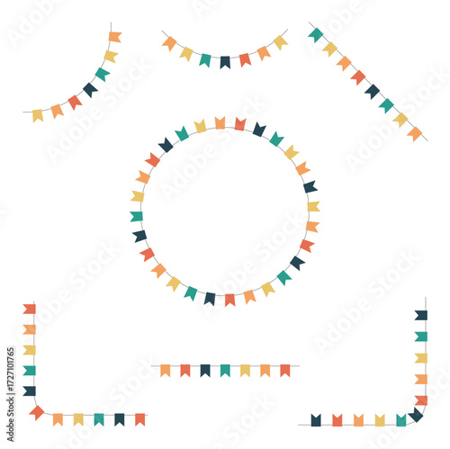 Set of colorful festive bunting garlands in different shapes and arrangements. Decorative flags for celebration, party, and holiday design isolated on white background.
