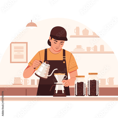 Illustration of a skilled barista carefully preparing artisanal pour-over coffee in a cozy shop