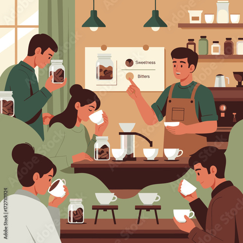 Barista guiding a group through a professional coffee cupping session to analyze aroma and flavor profiles