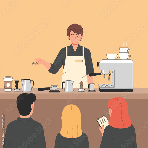 Vector illustration of a coffee shop scene with a barista making drinks for customers. Modern cafe and beverage service concept