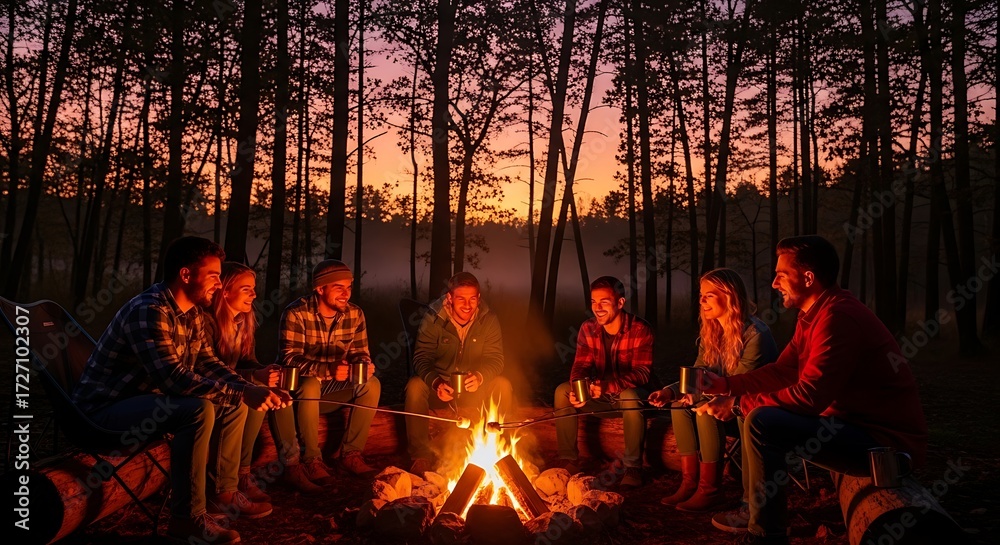 custom made wallpaper toronto digitalA group of friends sits in a circle around a glowing campfire in a forest at twilight, enjoying a social gathering.