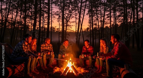 Wallpaper Mural A group of friends sits in a circle around a glowing campfire in a forest at twilight, enjoying a social gathering. Torontodigital.ca