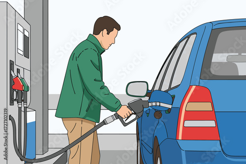 At a gas station, a man fills his car with fuel, illustrating the routine of vehicle maintenance and the reliance on fossil fuels for transportation vector