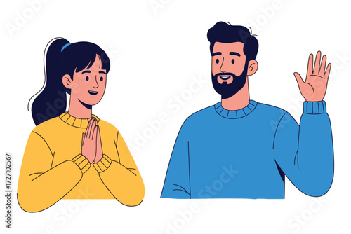 Illustration isolated on white background of a man and woman greeting each other, conveying a sense of welcome, friendship, and positive social interaction vector