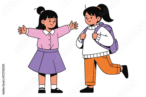 Illustration isolated on white background of two young girls embracing, symbolizing friendship, joy, and the excitement of reunion or welcoming a friend vector