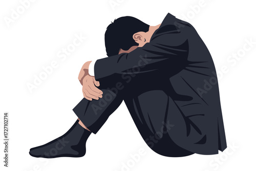 A dejected man in a suit sits with his head in his hands, conveying feelings of sadness, despair, and hopelessness isolated on white background vector