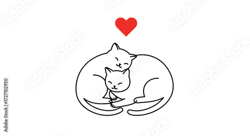 Two cats are sleeping in an embrace, and above them is a heart in a minimalist style.