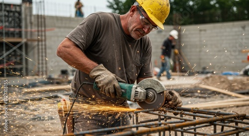Construction worker operating cutting tool job site urban environment view industrial process