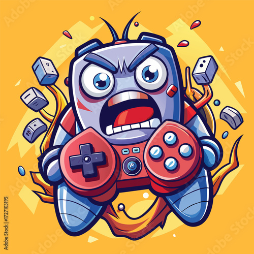 A comical, angry robot character engrossed in a video game, clutching a controller. Vibrant colors and dynamic lines capture the intensity and fun of gaming, perfect for enthusiasts.