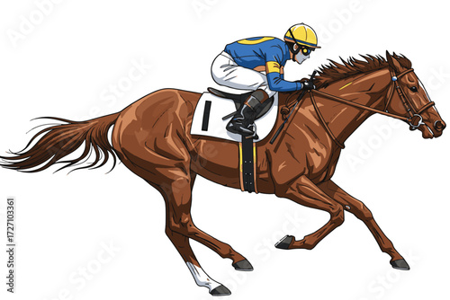 A chestnut horse with a jockey wearing a yellow helmet and blue shirt is racing, isolated on white background, showcasing speed and agility vector
