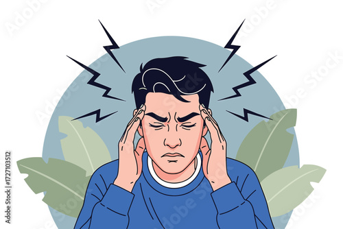 A man experiencing a headache with lightning bolts around his head, isolated on white background, illustrating pain and discomfort vector