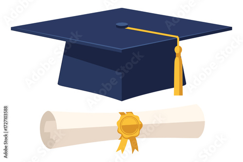 Graduation cap and diploma isolated on white background, symbolizing academic achievement and the culmination of hard work in education and learning vector