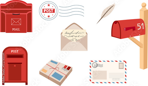Postal set with mailboxes, envelope, parcel, postcard, stamp and quill. For posters, info materials, delivery flyers, classroom worksheets and web banners
