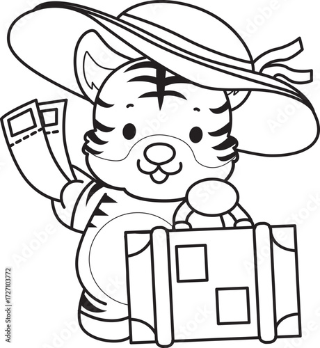 Coloring book of cute tiger character vector clip art for children.  