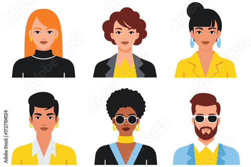 Diverse group of people portraits with various hairstyles and outfits isolated on white background, showcasing individuality and style in a colorful collection vector