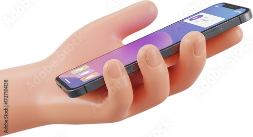 A hand holding a modern smartphone, displaying a user interface.