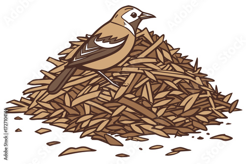Cute cartoon bird sitting on a pile of wood chips mulch, vector illustration