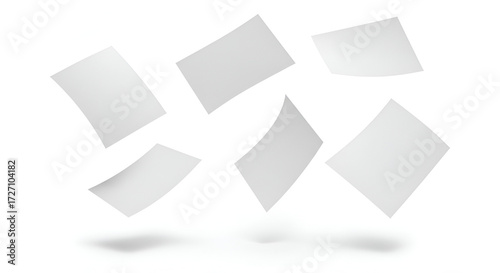 Abstract image featuring floating white papers against a plain white backdrop