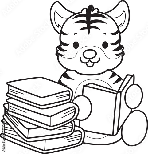 Coloring book of cute tiger character vector clip art for children.  