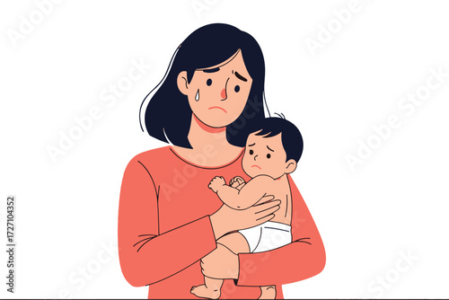 A sad mother holding her baby, both with tears in their eyes, isolated on white background the mother is wearing a red shirt and the baby a diaper vector