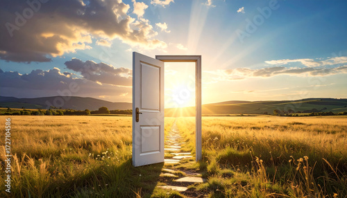 An open door in the middle of a field