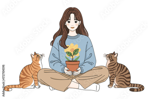 A serene illustration isolated on white background featuring a woman with cats and a flower, radiating peace and connection with nature and companionship vector