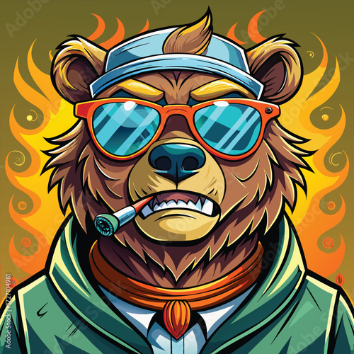 This vibrant artwork features a stylized cartoon bear character with a tough attitude. It wears sunglasses, a hat, and smokes a cigarette, set against a fiery red and orange backdrop.