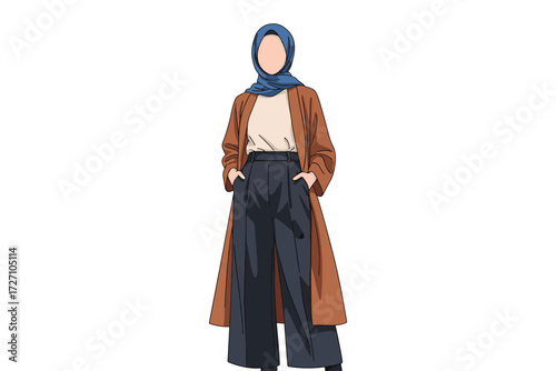 Illustration of a stylish woman in hijab and long coat isolated on white background, showcasing modest fashion and contemporary islamic clothing style vector