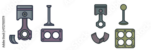 Detailed view of engine components like pistons, valves, and gaskets laid out for mechanical inspection and assembly in a workshop