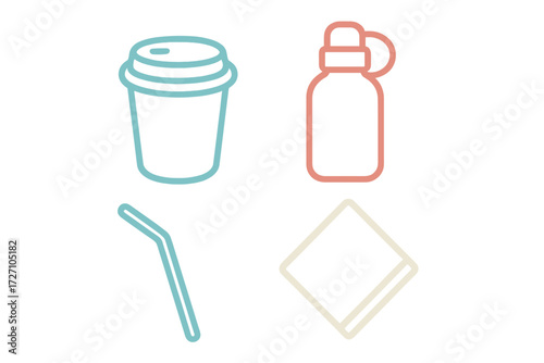 Variety of drink containers displayed with a reusable straw and napkin for eco-friendly choices