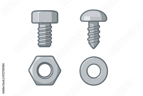 Various types of metal fasteners including screws and nuts arranged in a simple design for easy reference