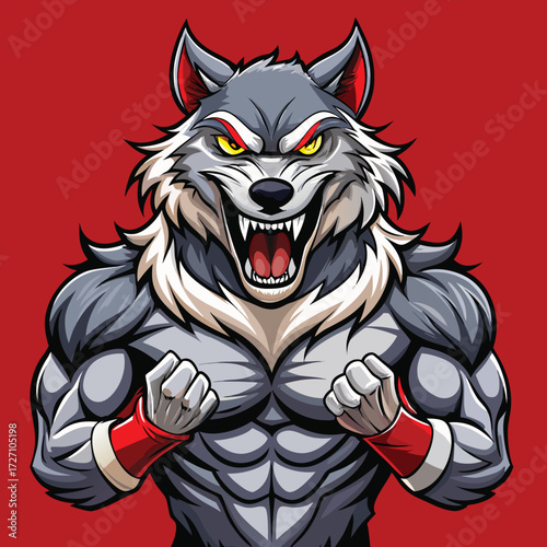 A powerful, anthropomorphic werewolf stands with clenched fists, showcasing immense musculature and a menacing snarl against a vibrant red backdrop with a glowing sun.