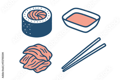 Enjoying sushi and salmon on a table with chopsticks and sauce for dipping during a casual meal