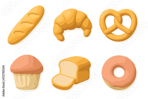 Colorful baked goods arranged in a pleasing display including bread, croissant, pretzel, muffin, loaf, and donut