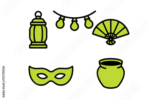 Bright green festive decorations for celebration with lantern, string lights, fan, mask, and pot