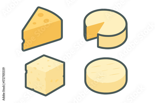 Various types of cheese displayed on a simple background emphasizing shapes and textures